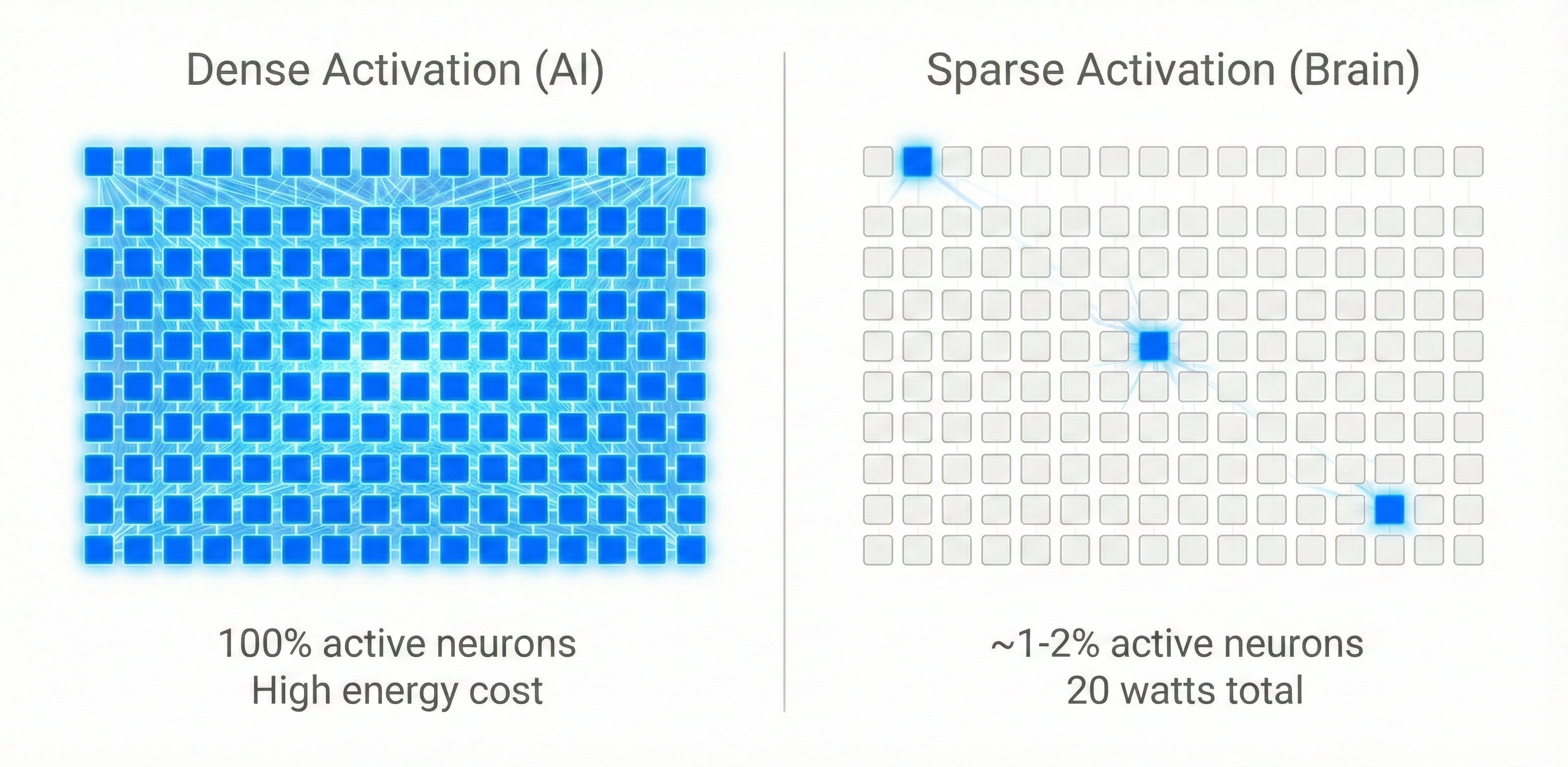 Visualization comparing dense neural activation in AI models versus sparse activation in biological brains